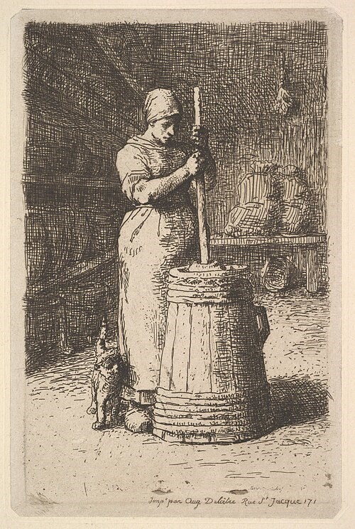 A black and white sketch of a farm woman churning butter.