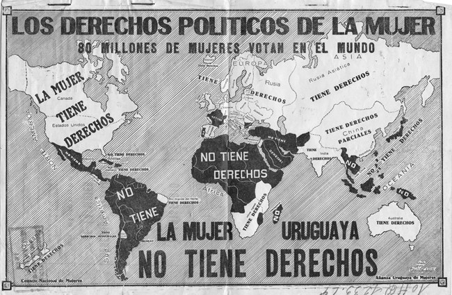 Spanish language map of the world. Countries where women had political rights are shaded in white and countries where women did not are shaded in black.