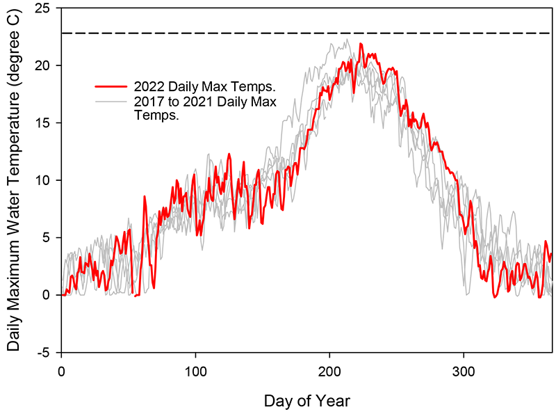 Graph of daily maximum temperatures showing a lot of variability and the 2022 highest maximum a little higher than the 5-year average max temperature.