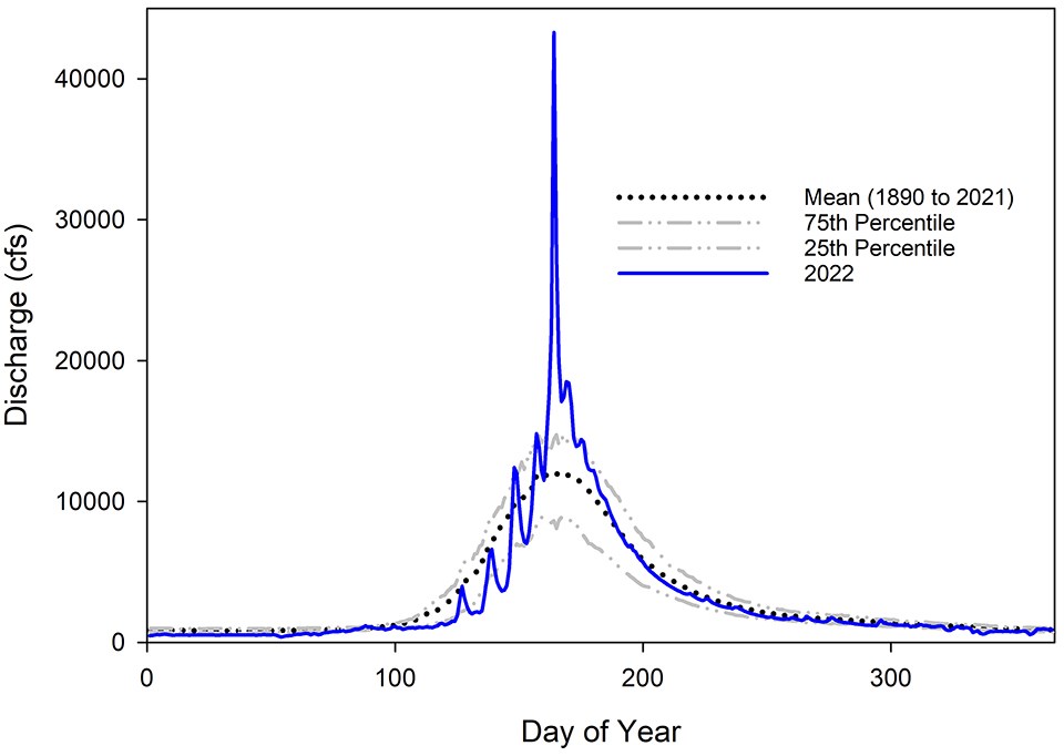 Line graph of water discharge showing a record (since monitoring began in 1890) peak flow in June.