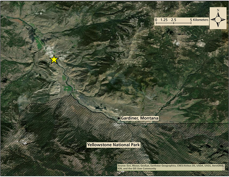 An arial view of the Yellowstone River flowing northwest out of the park to the sampling location northwest of Gardiner, Montana.