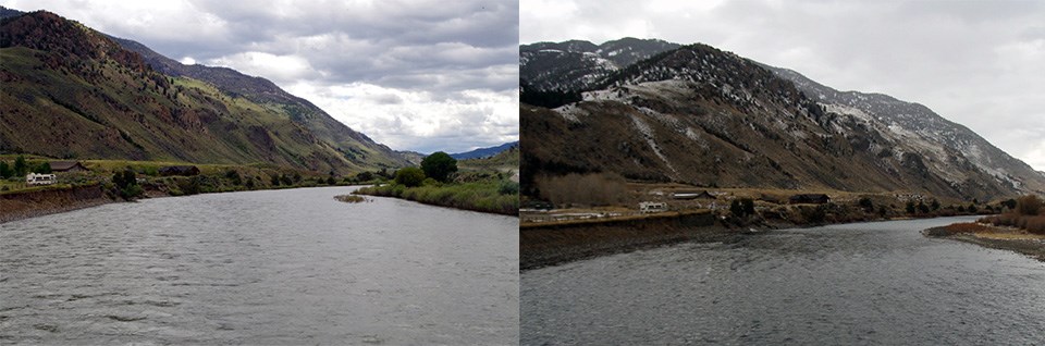 A river showing higher flow in June and a repeat image of the river in November showing lower flow