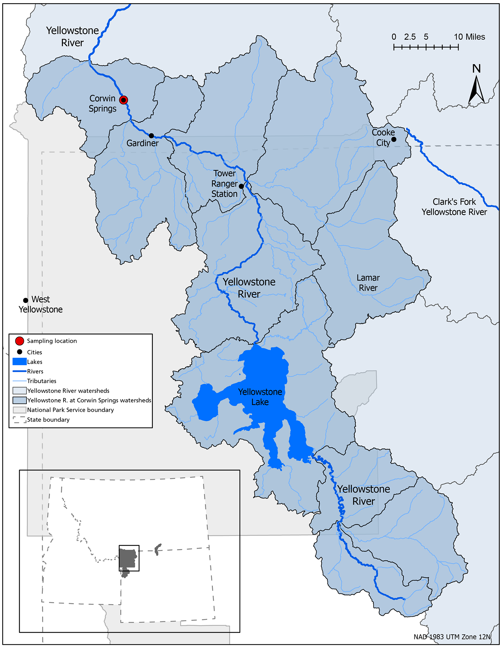 Map of the Yellowstone River watersheds and watersheds of the monitoring location at Corwin Springs, MT