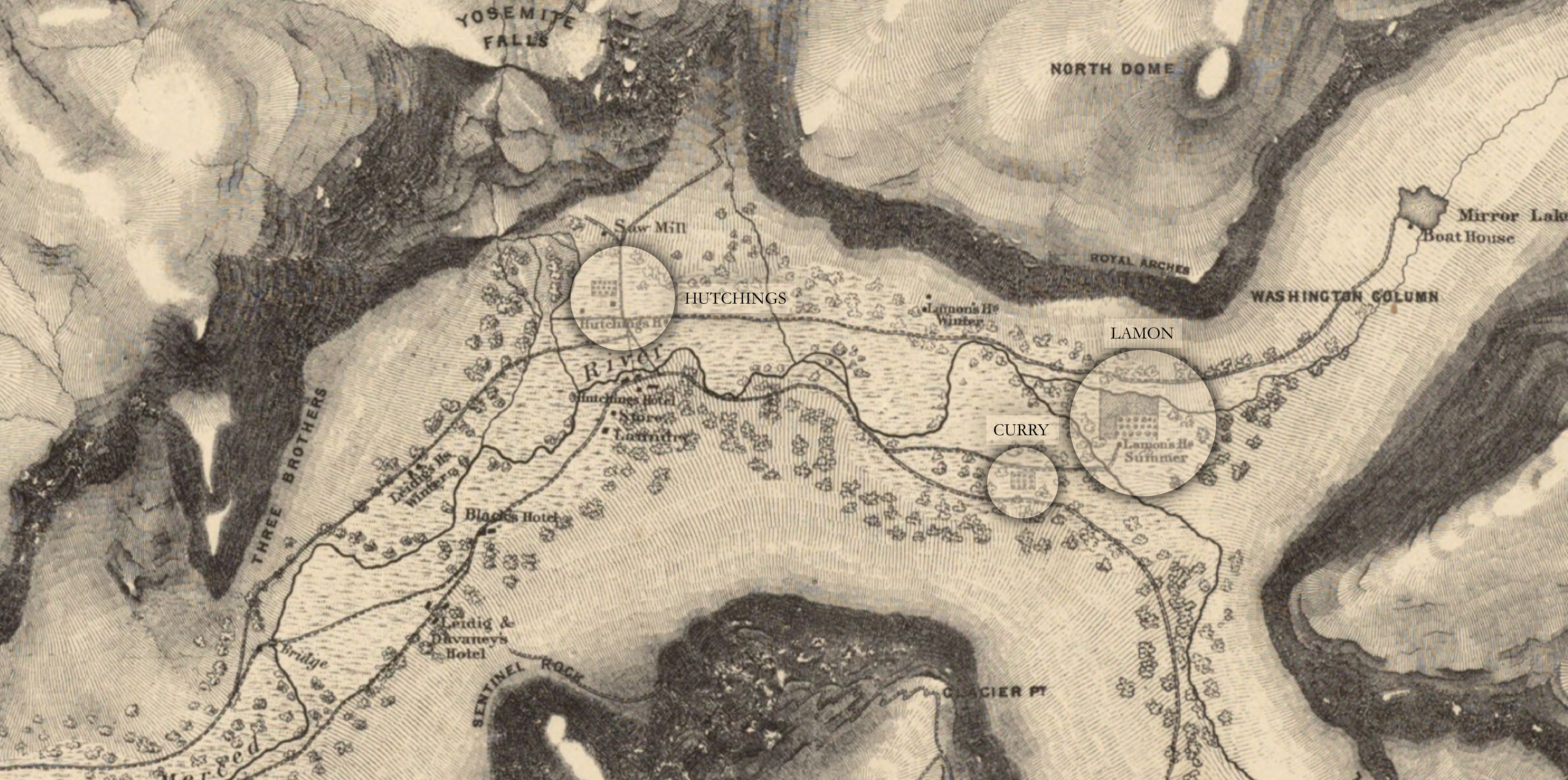 A historic map of yosemite valley highlighting Hutchings, Curry, and Lamon Orchards.