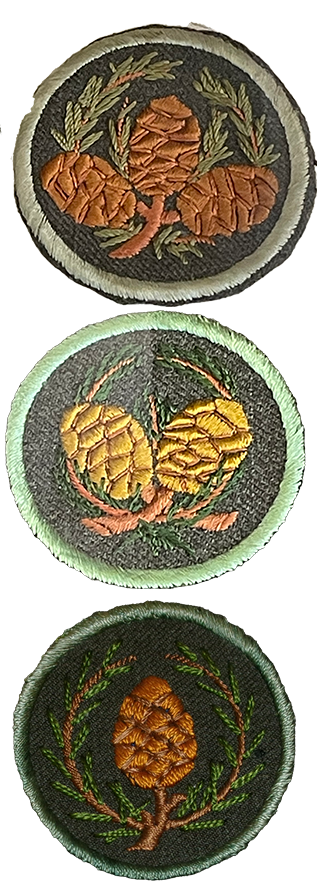 round sleeve patches with one, two, and three sequoia cones