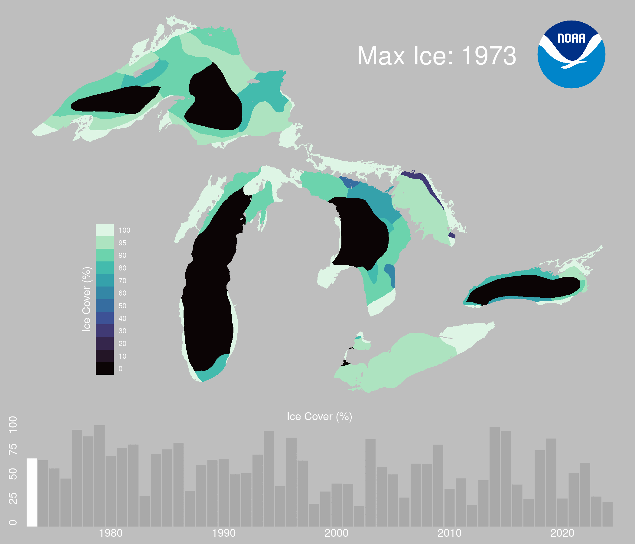 Animation of map of great lakes ice cover year over year on a visual scale of light blue to dark blue, with light blue indicating ice and dark blue indicating open water.