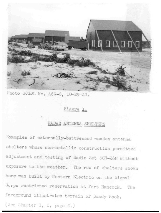 a typed document alongside a photograph of radar antenna shelters