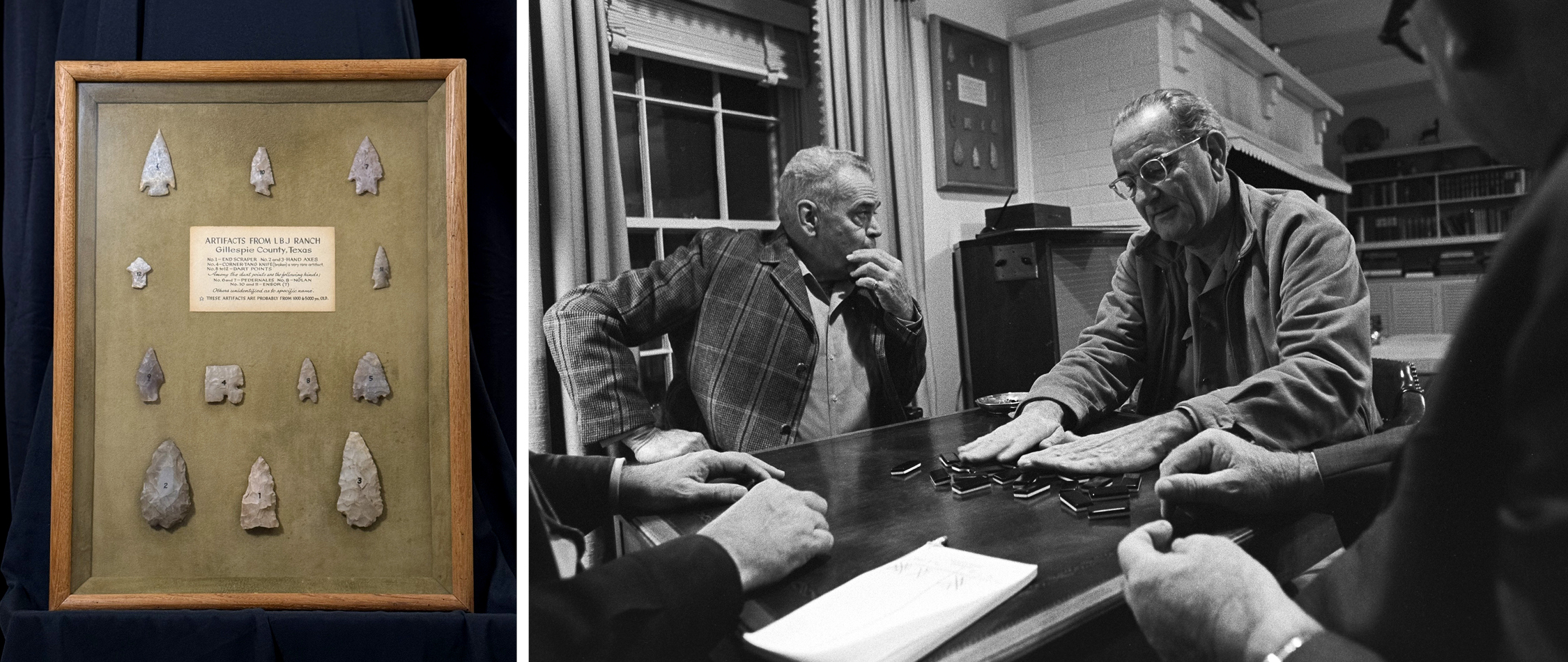 Two photos--left photo shows a framed set of arrowheads, right photo is a historic photo of Lyndon Johnson and friends playing dominoes with the same framed arrowheads hanging on the wall behind them.