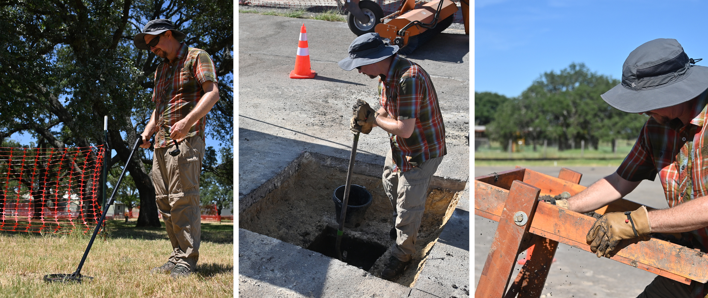 Three photos show a man using a metal detector, digging a square pit, sifting through soil in a wooden frame.
