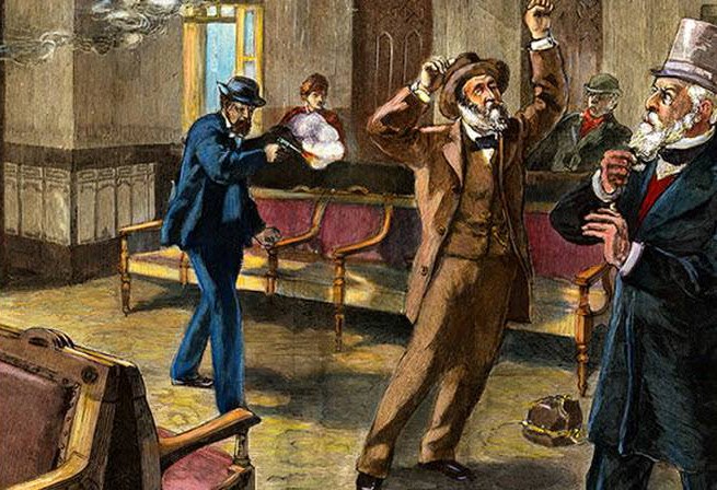 Historical illustration of Charles Guiteau shooting President James Garfield at a Washington railroad station