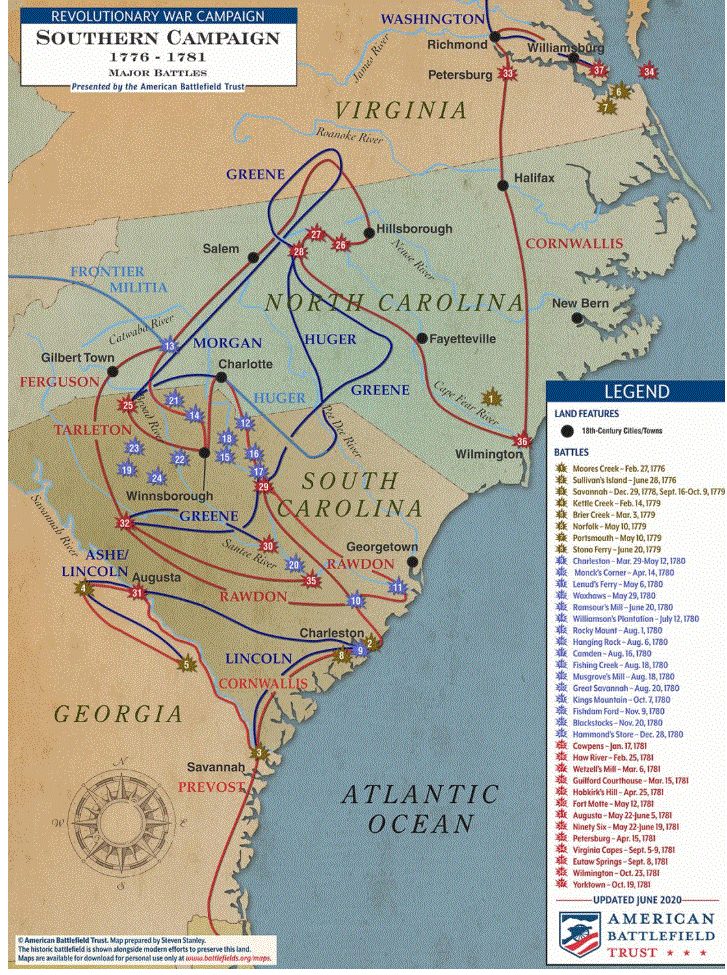 A map of Virginia, North Carolina, South Carolina, and Georgia, with arrows and dates on it to show major battles.