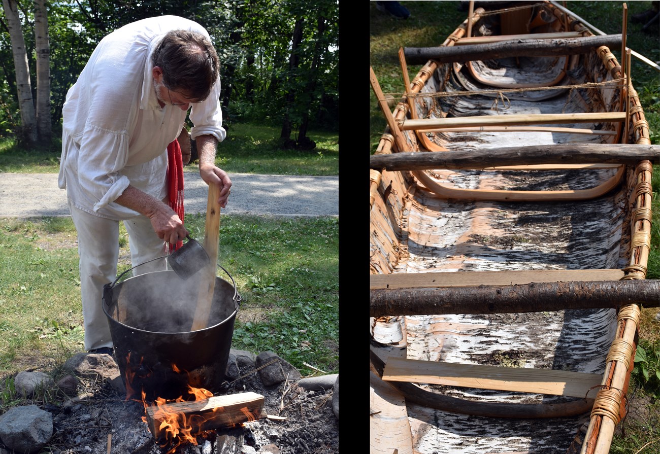 A person in historic clothing ladles steaming water over a wood strip. Dry wood strips hold the bent ribs in place within the birch hull.