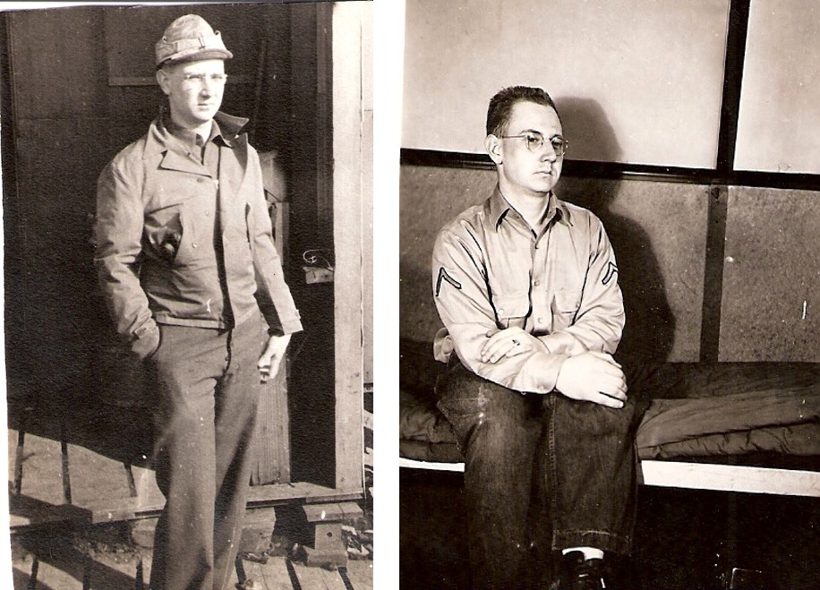 Two black and white photos of the same man, seated and standing.