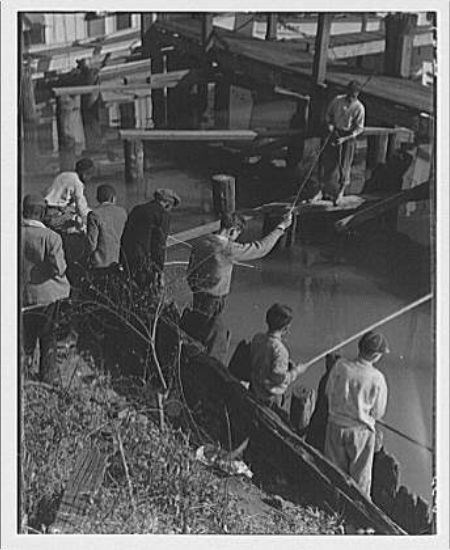 Historic image of young men fishing in the canal.