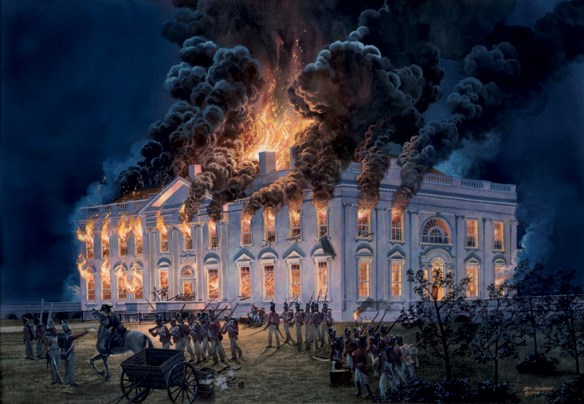 painting of the White House at night with flames coming out the windows