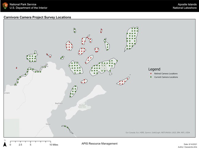 A map of the Apostle Islands indicating the locations of remote cameras.