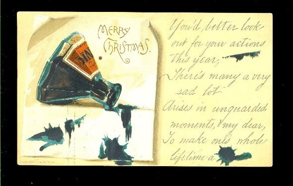 A Christmas card that shows a spilt ink bottle and message.