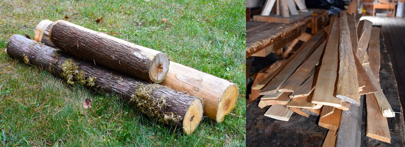 Two photos next to each other: one of cedar logs, one of strips of wood.