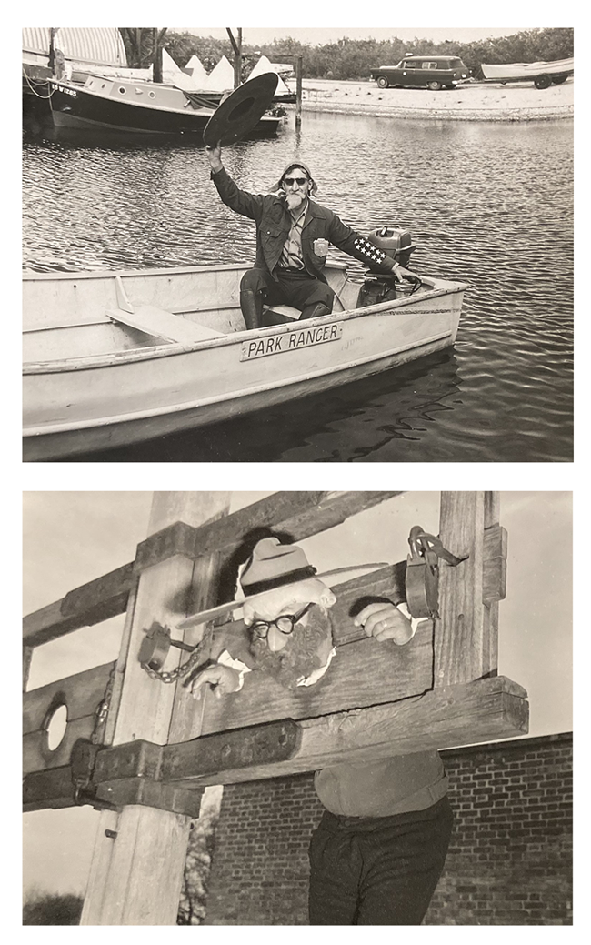 One Lick Evergreen in a boat and locked in stocks