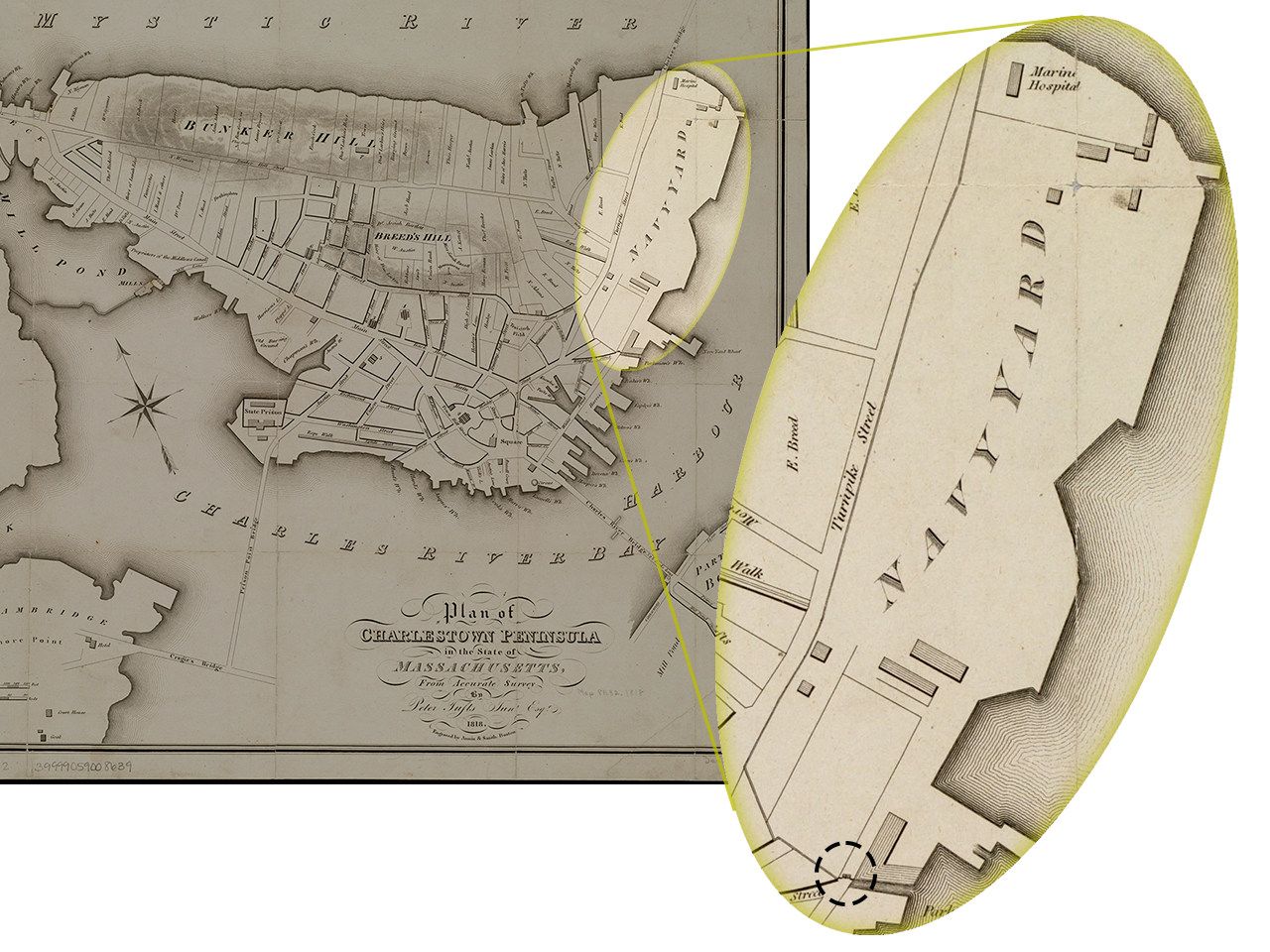 Map of a peninsula where a rightmost section labelled Navy Yard is highlighted and called out with a zoomed in portion.