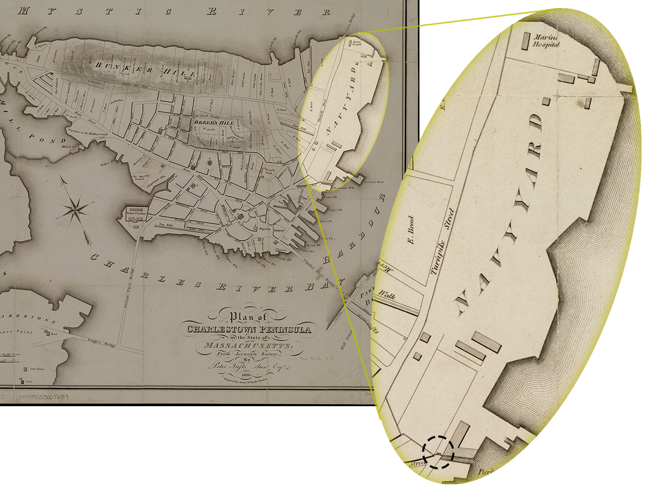 Map of a peninsula where a rightmost section labelled Navy Yard is highlighted and called out with a zoomed in portion.