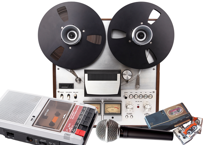 reel-to-reel and audiocassette records and a microphone