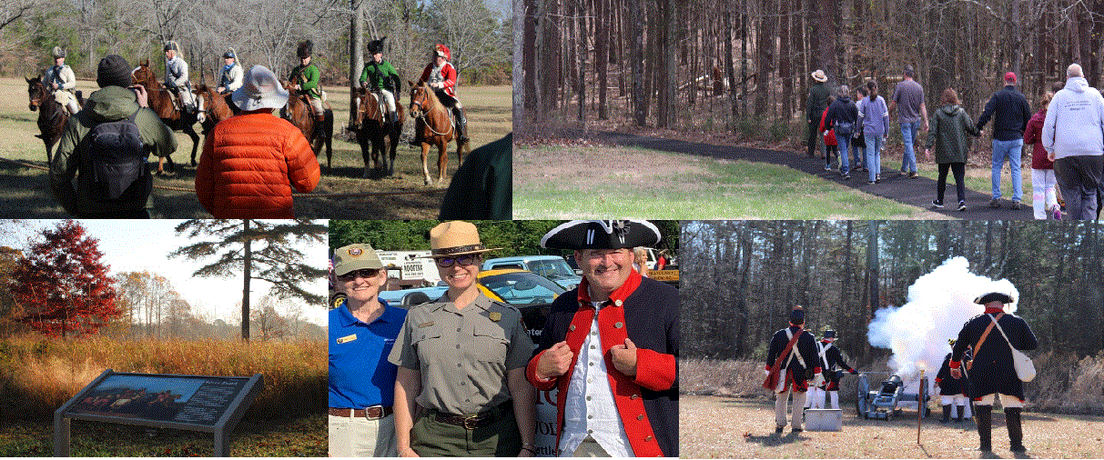 Several images from Cowpens are shown, one with visitors being walked by a ranger, another ranger with two visitors, and another has a cannon being fired.