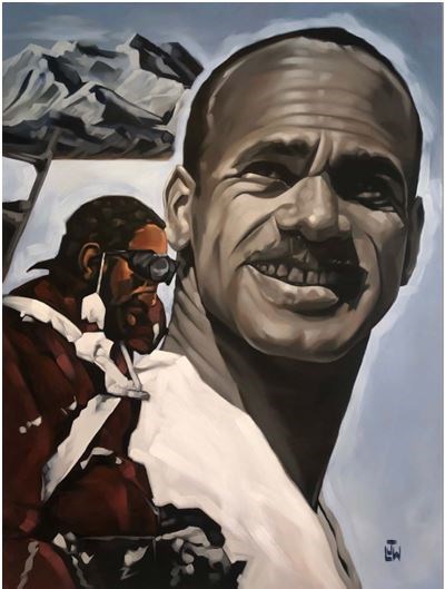 An original painting of Charles Crenchaw. The top left shows an African American man in a white t-shirt and cheerful disposition. Near the bottom left are the jagged peaks of Denali with a side profile of Crenchaw in full mountaineering gear.