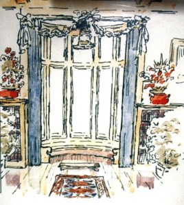 a color drawing of the bay window where the double wedding took place