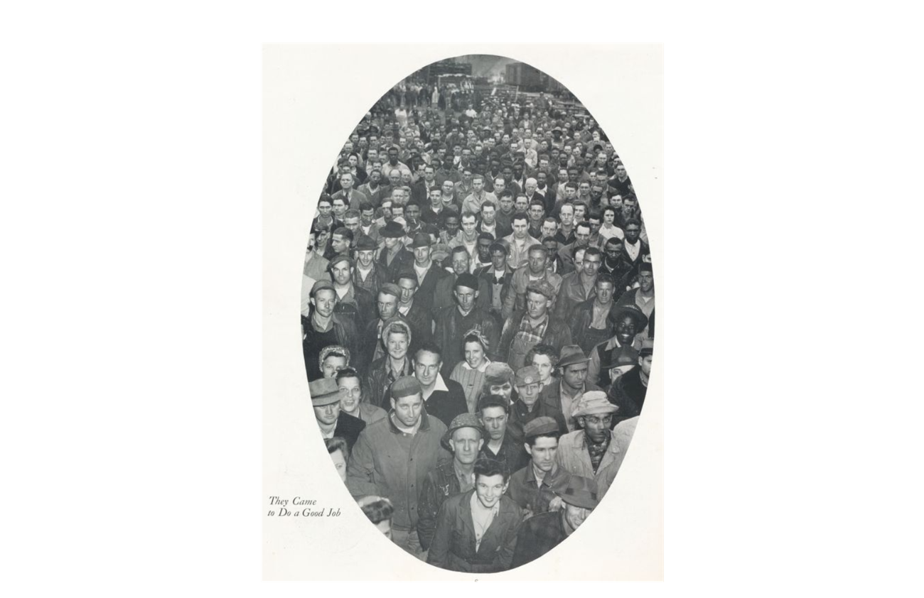 Page 6 of the booklet titled "Five Years of North Carolina Shipbuilding" features a button photograph of the employees.  The photograph has a caption reading, "They came to do a good job."