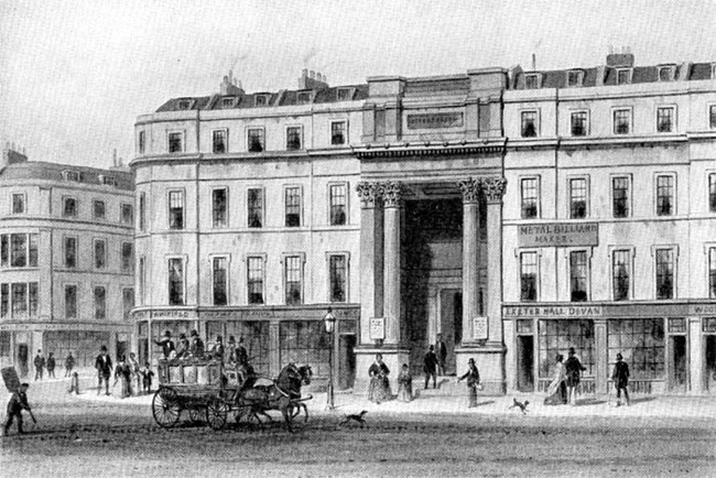 Drawing of the exterior of Exeter Hall, site of the 1840 AntiSlavery Convention in London Public Domain