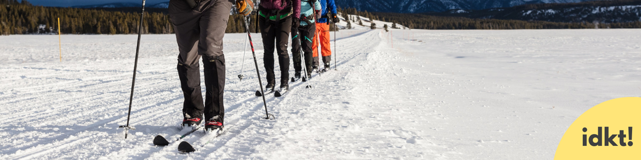 close up of skier's skis as they ski through the snow