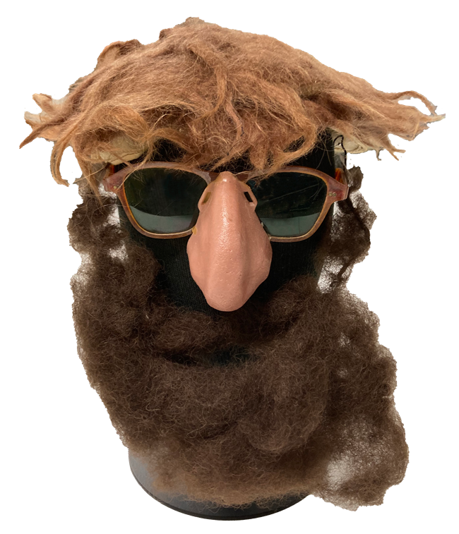 sunglasses, fake nose, red wig, and brown beard on a mannequin head