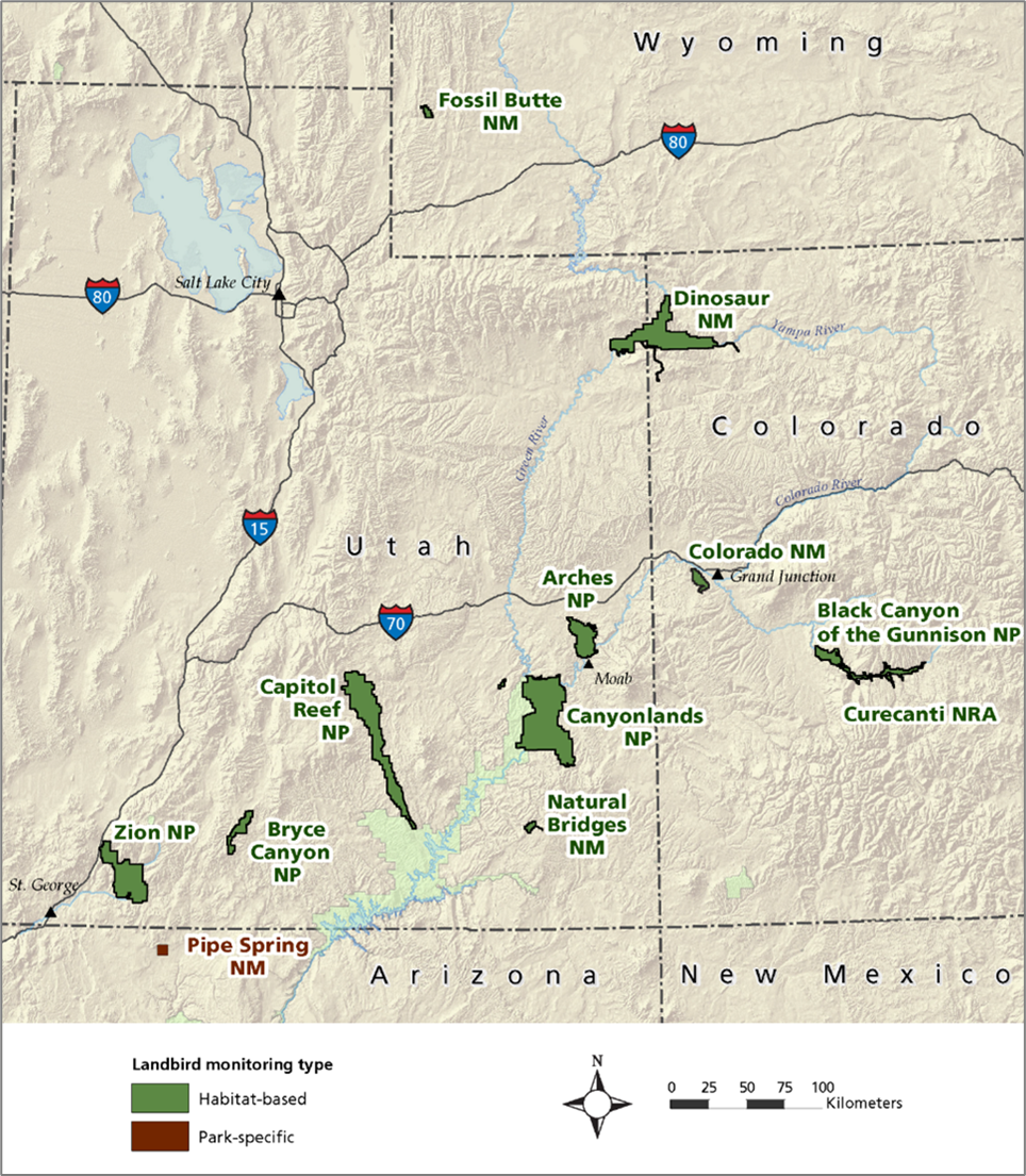 Shaded relief map with state boundaries, highways, rivers, and legend. Eleven parks with habitat-based monitoring are outlined in green; Pipe Spring National Monument, with park-specific monitoring, is outlined in brown. North arrow and scale bar shown.