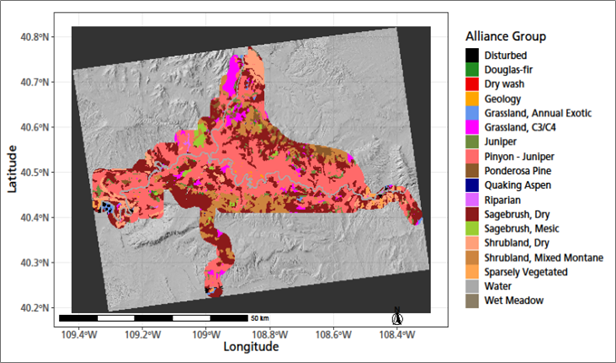 Colored map of vegetation types distinguished by alliance group across a mountainous landscape.