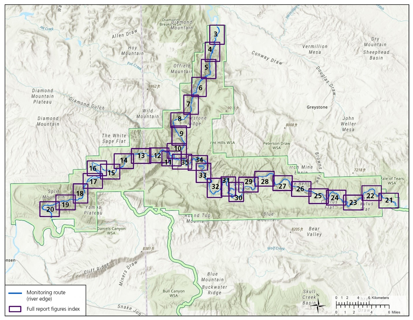 Grid overlays and blue lines mark monitoring routes and figure references across Dinosaur NM.