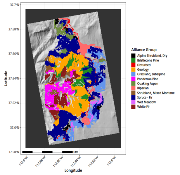 Color-coded map showing vegetation alliance groups across Cedar Breaks National Monument.
