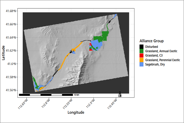 Map of Golden Spike NHP with colored vegetation types—disturbed, exotic grasslands, and dry sagebrush—along the main valley.