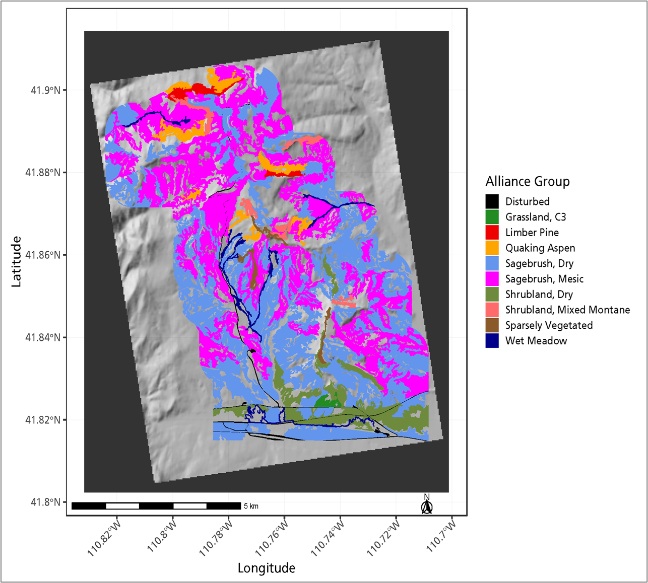 Color-coded map showing vegetation types within and around the study area boundary.