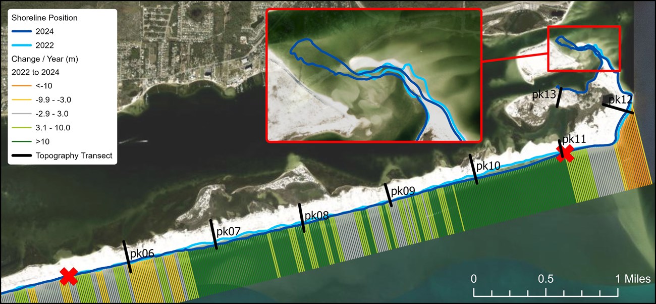 map of shoreline at Perdido Key showing change over time