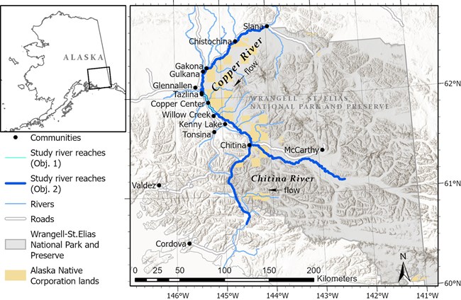 A map of the Copper River area around Wrangell-St. Elias National Park and Preserve.