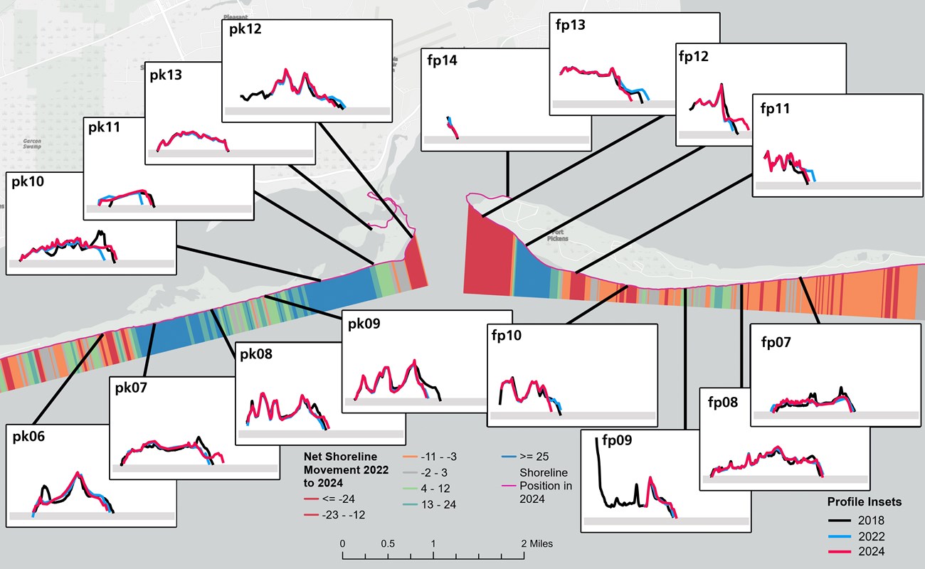 map of Perdido Key and Fort Pickens showing patterns of geomorphic change