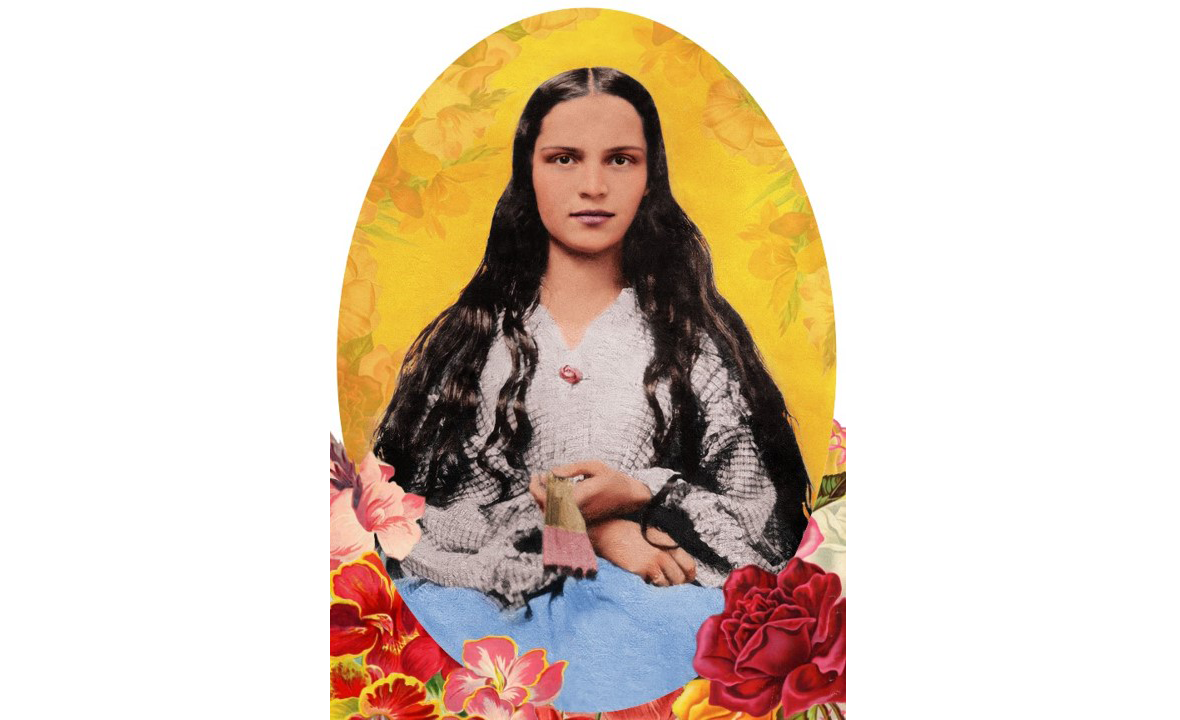 A young girl with dark, wavy hair looks into the camera and vibrant flowers accent her portrait