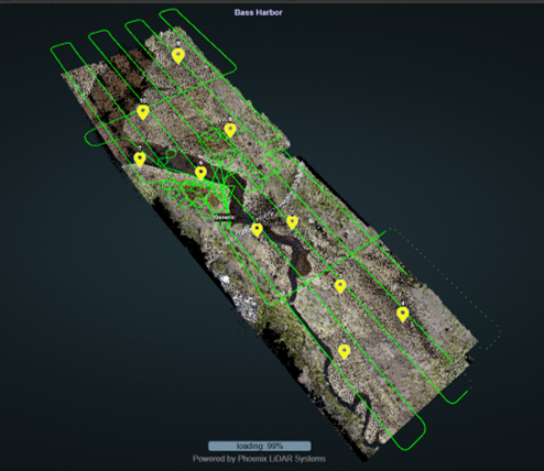 computer generated graphic of an area map of a marsh with neon green lines hovering above it
