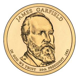 gold coin that says James A. Garfield and In God We Trust