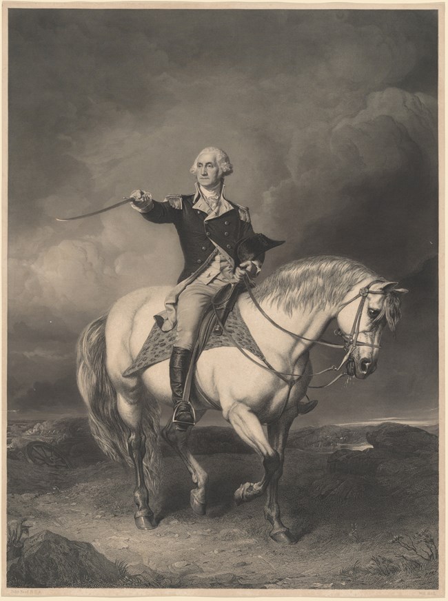 Print of George Washington sitting on white horse in military uniform