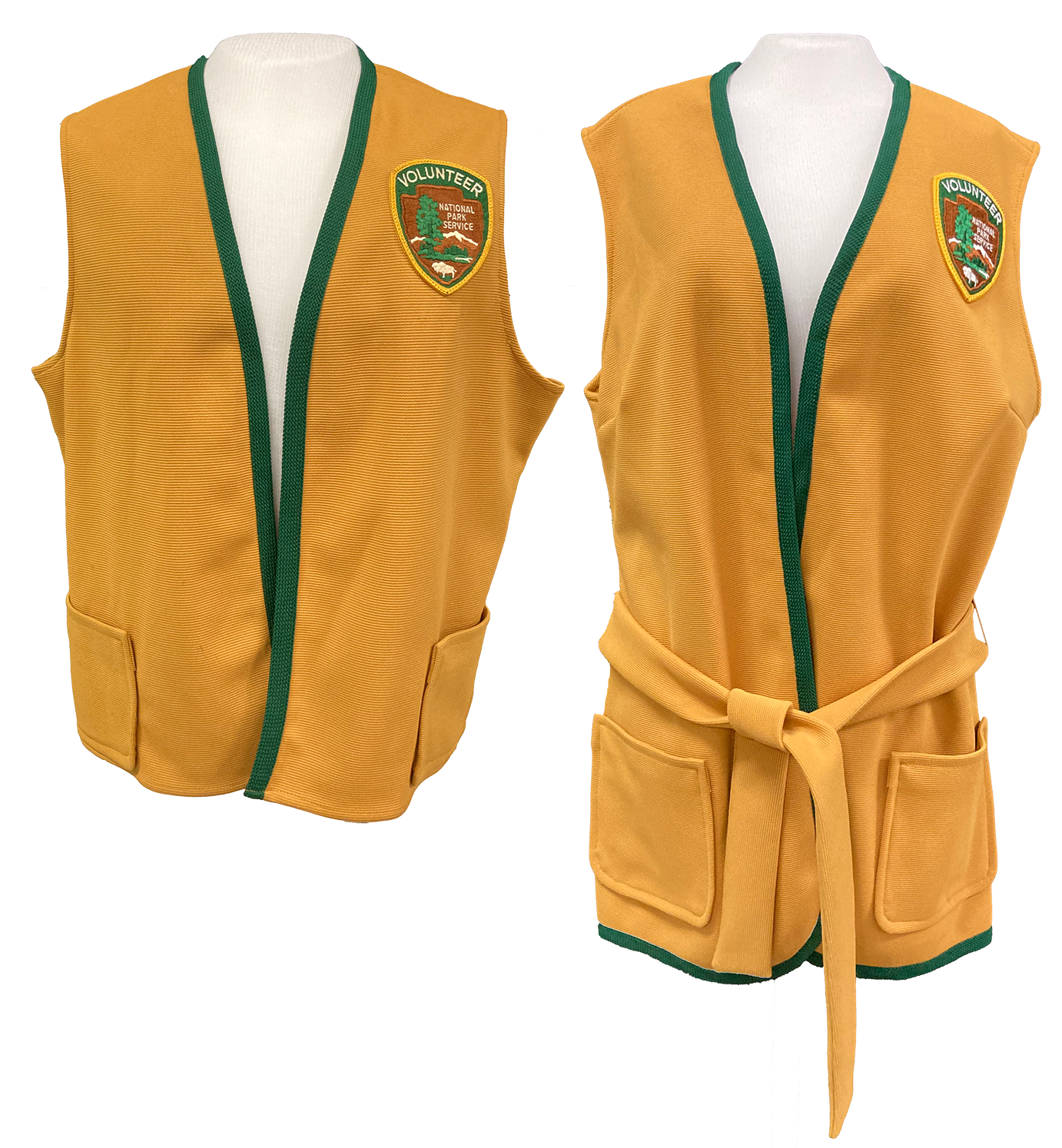 A waist-length gold vest next to a hip length one.