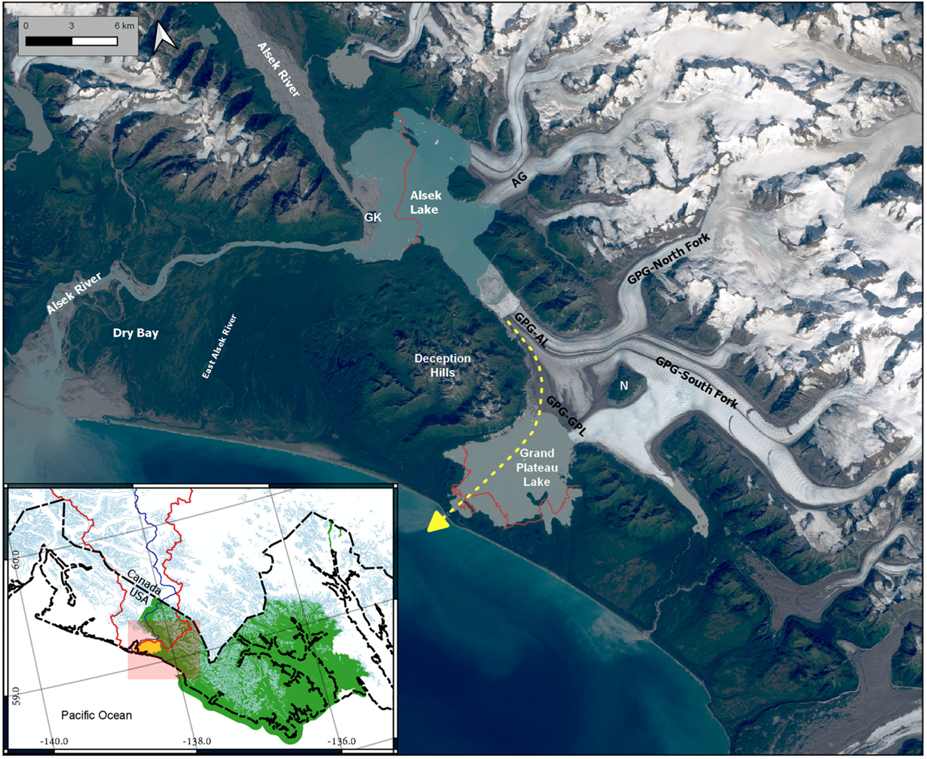 map showing the Dry Bay region including Alsek lake and Grand Plateau Glacier.