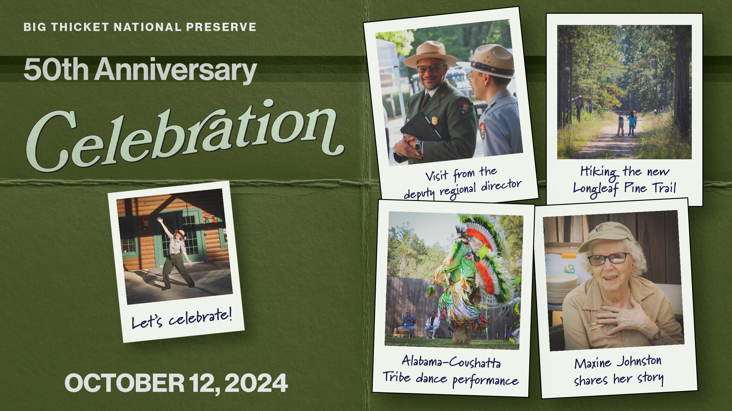 graphic with text: Big Thicket National Preserve 50th Anniversary Celebration October 12, 2024 and photos of people at the event made to look like polaroids on a folded piece of paper.