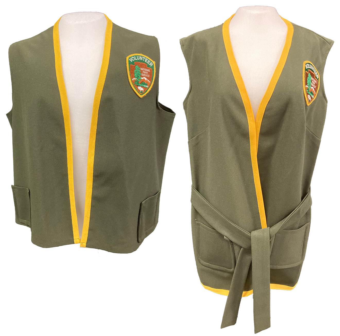 Two green volunteer vests, one hip length and one waist length
